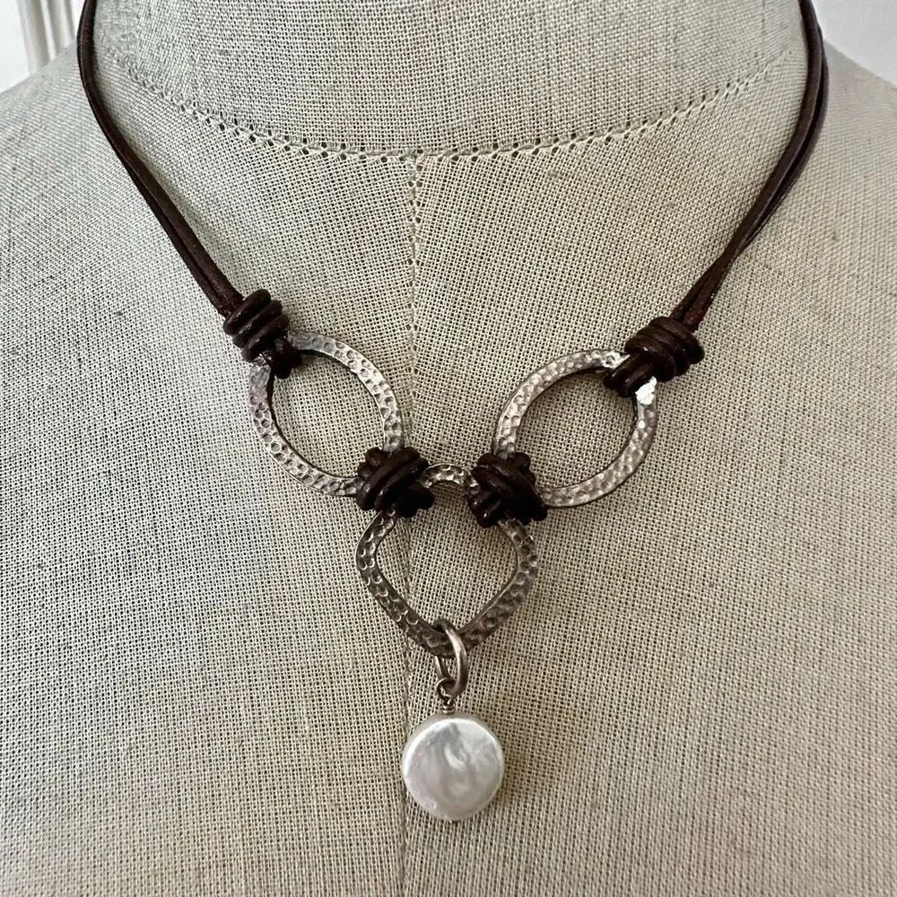 Silpada Sterling Silver & Leather Coin Pearl Necklace